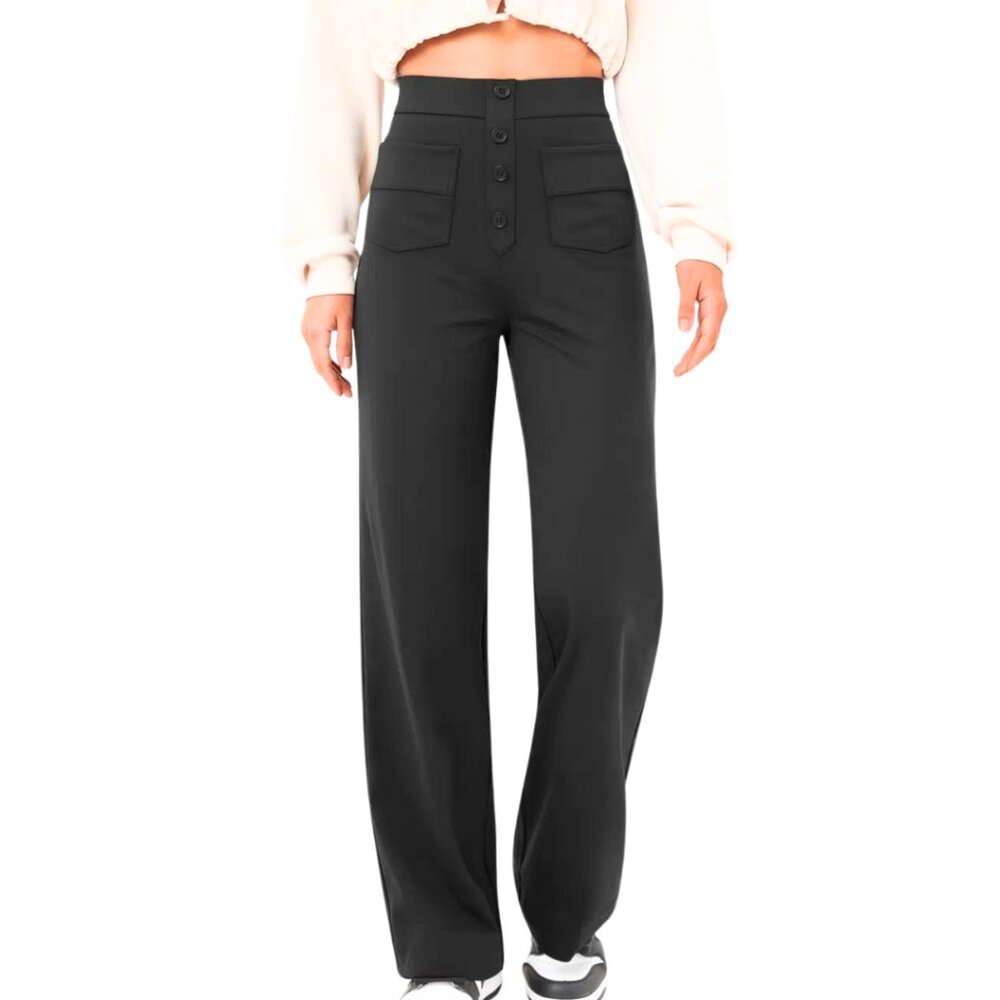 HALARA‎ High Waist Button Front Casual Straight Leg Pants Black Various NWT
